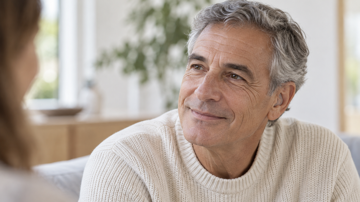 Hombre sonriendo con un audífono discreto en el oído